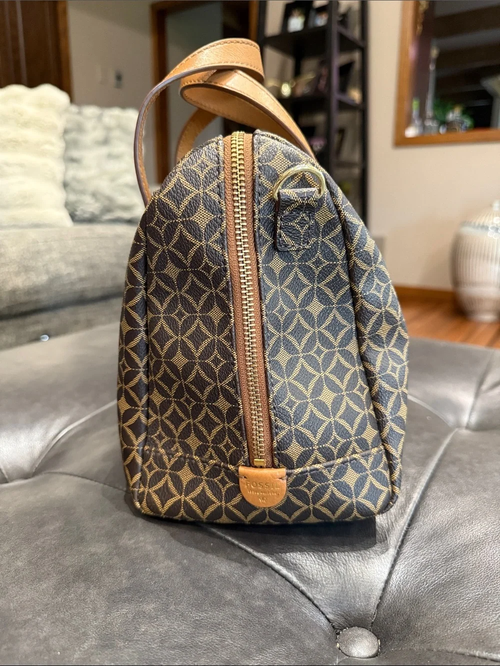 Fossil Sydney Satchel Handbag in Brown & Tan Patterned Coated Canvas